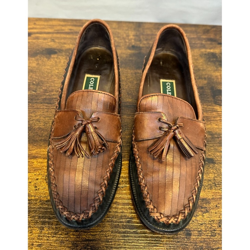 Cole Haan Two Tone Leather Tassel Kiltie Loafers Brown Black Woven Size 8 Shoes - Picture 2 of 13